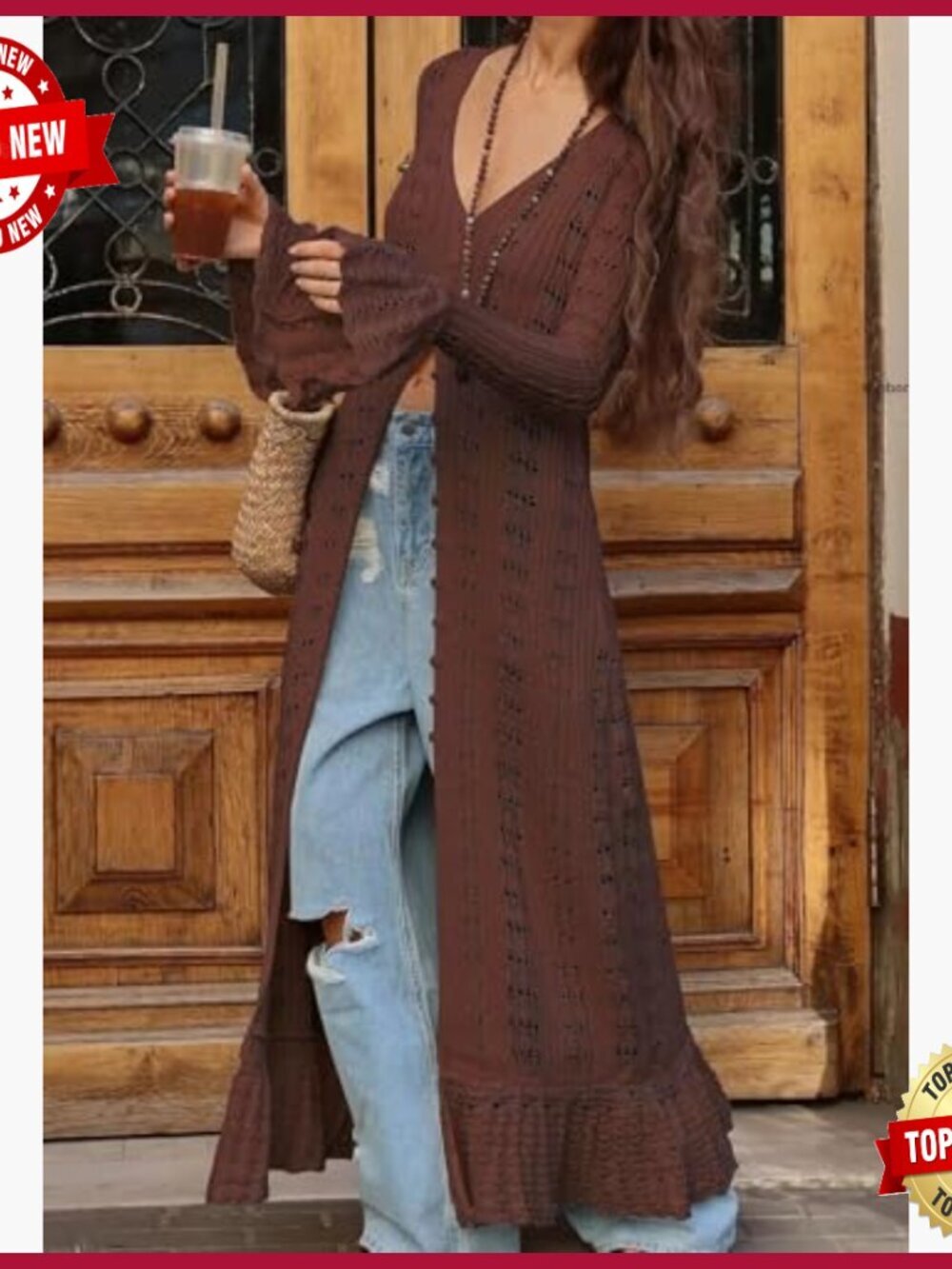 Long Crochet Cardigan Button Up Knit Hollow Out Duster Sweater Cover Up Maxi - Picture 3 of 7